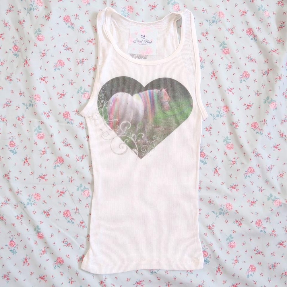 y2k rainbow pony heart graphic ribbed tank top fitted cami